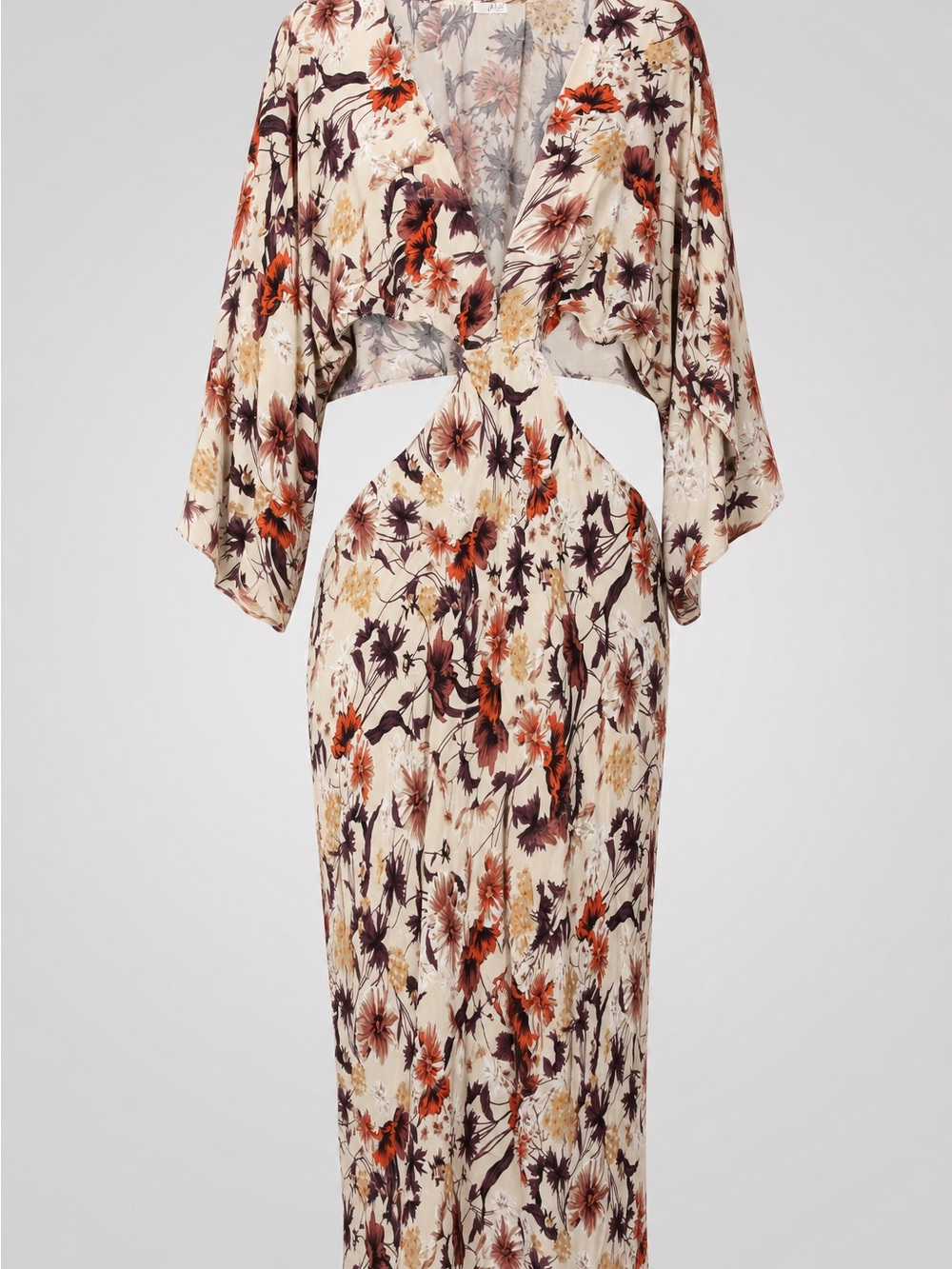 Floral Cutout Maxi Dress in Ivory with Burnt Orange & Brown Floral Print
